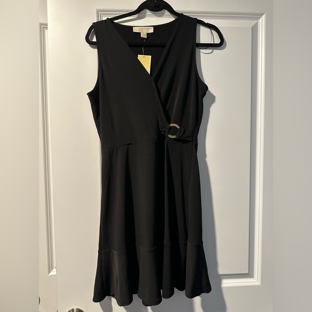 MICHAEL KORS NWT! Sz S Little Black Dress Gold LOGO Stretch MSRP $110!